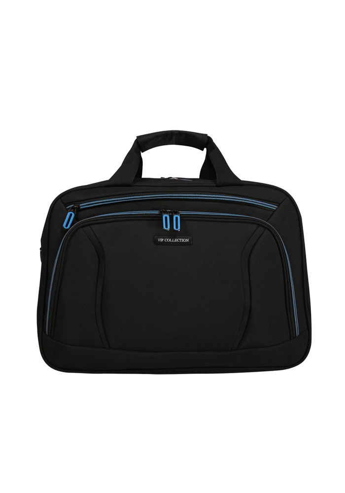 Czarno-niebieska torba na laptopa Vip Collection TF30/16 z niebieskimi lamówkami i kieszenią na zamek z przodu