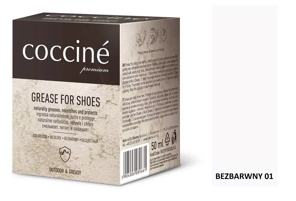Tłuszcz do skór gładkich Coccine bezbarwny - kartonik i próbnik koloru z podpisem BEZBARWNY 01
