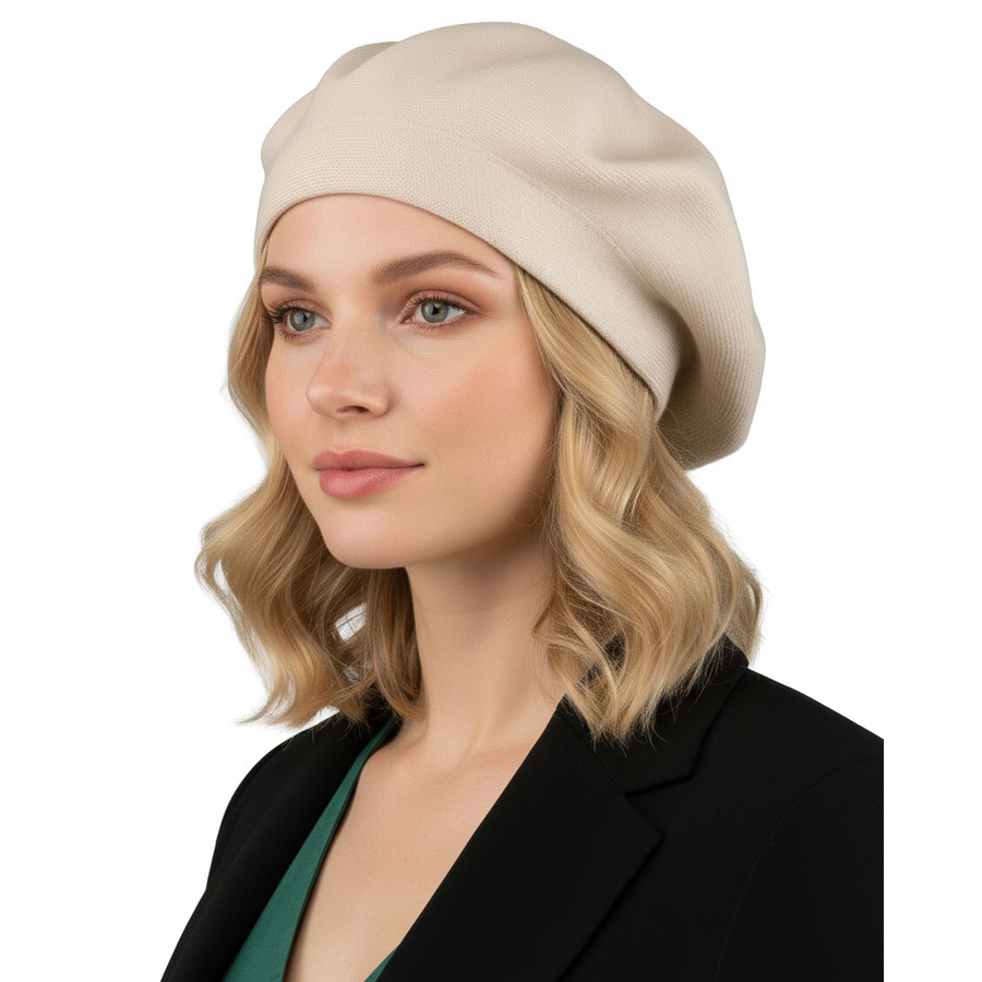 Beżowy beret Rovicky BER-A10 na modelce