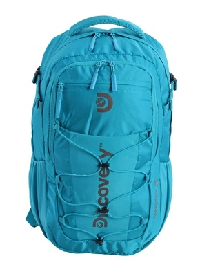 Niebieski plecak na laptopa Discovery Outdoor 613 z przodu, z elastyczną linką ściągającą i napisem Discovery
