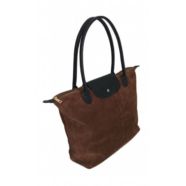 Torebka skórzana zamszowa damska Vera Pelle VKA41TM shopper XL A4 beżowa z czarnym - detale kontrastowego wykończenia