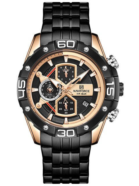 Czarny z różowym złotem zegarek męski Naviforce NF8018 - zegarek z przodu na białym tle