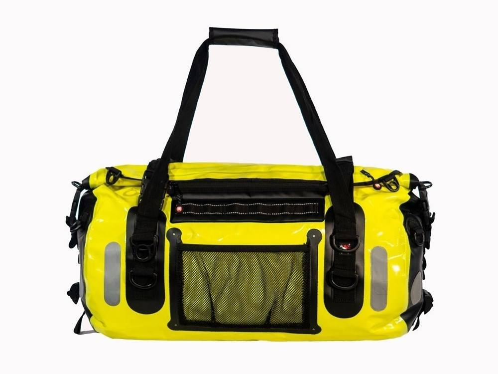 Żółta torba Amphibious Voyager II 60L z drugiej strony, z kieszenią z siatki i dwiema rączkami