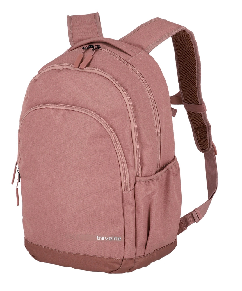 Różowy plecak szkolny Travelite Kick-Off 22 l z dużą kieszenią z przodu i siatkową kieszenią z boku