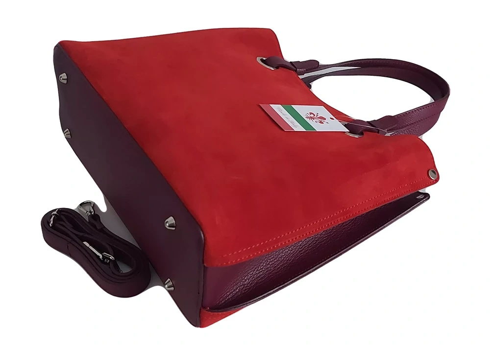 Torebka damska ze skóry zamszowej Vera Pelle VOM33R shopper bag A4 czerwona - detal wykonania