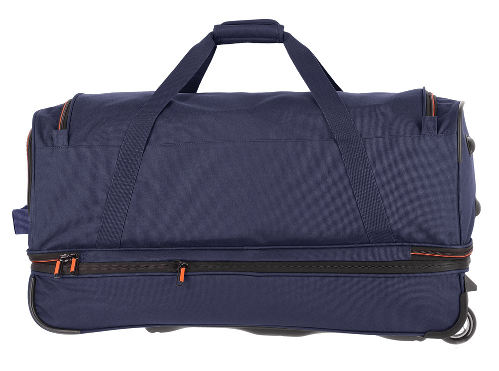 Granatowa torba Travelite Basics 98 l od tyłu, z dwiema rączkami i zamkiem błyskawicznym dolnej części