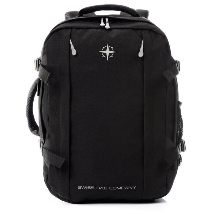 Czarny plecak SwissBags SB122 od przodu, z napisem Swiss Bag Company, górną rączką i bocznymi taśmami z klamrami