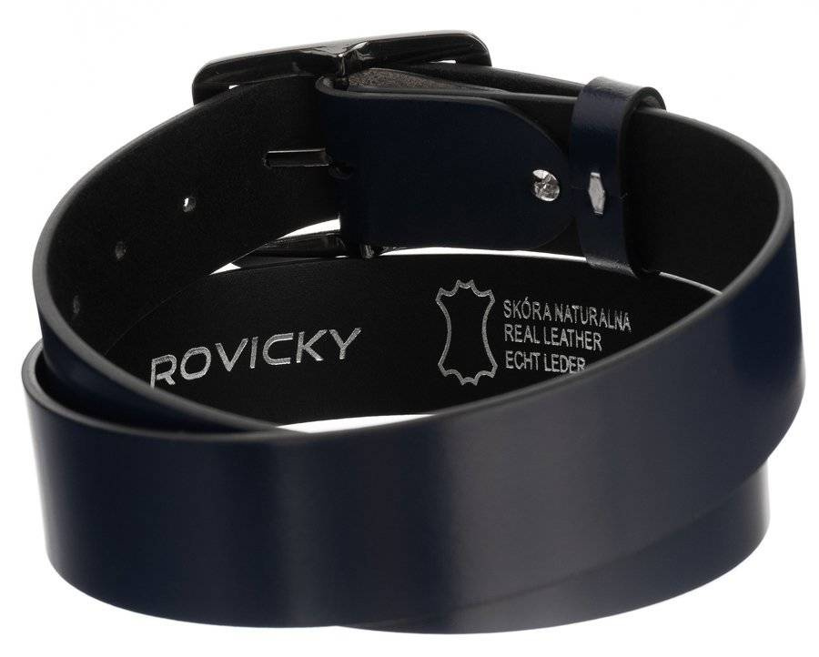 Zwinięty pasek Rovicky PRD-4-N-105 w kolorze granatowym z tłoczeniem marki na spodzie