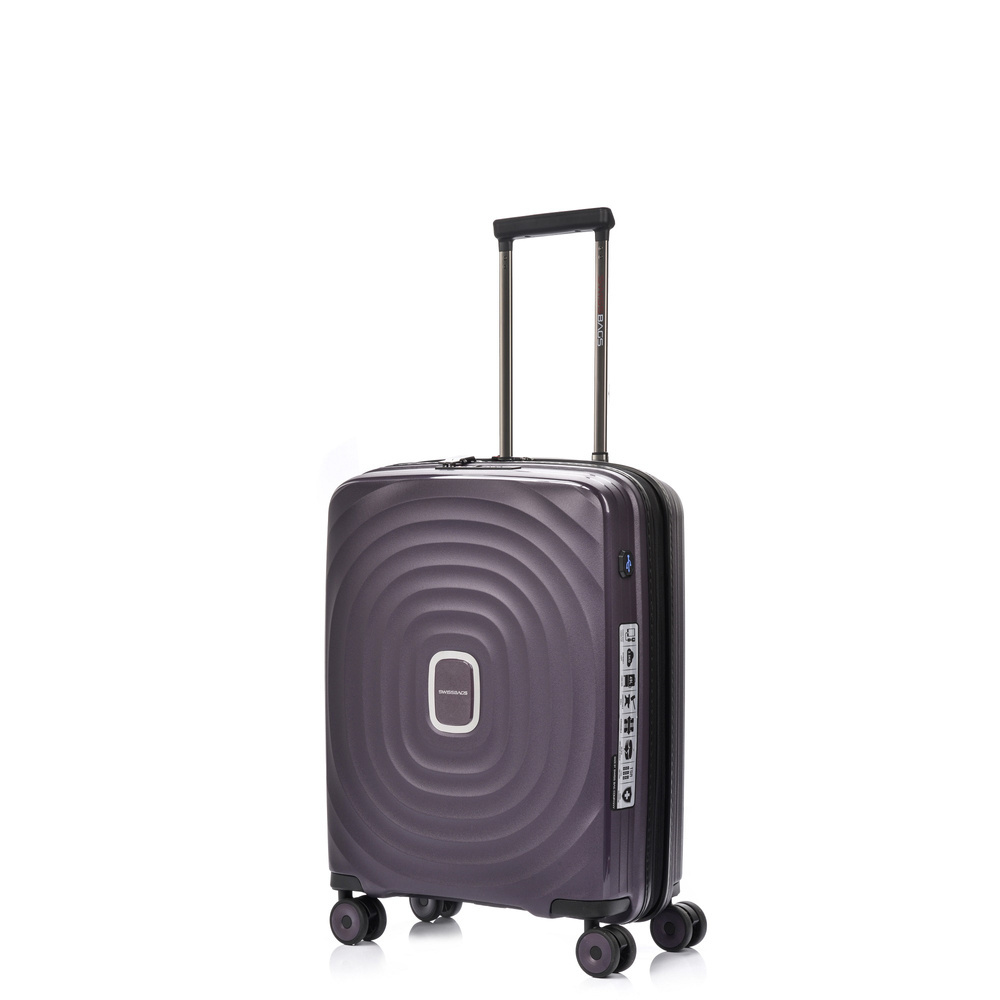 Fioletowa walizka SwissBags Echo 55 z wysuniętym uchwytem teleskopowym, na czterech podwójnych kółkach