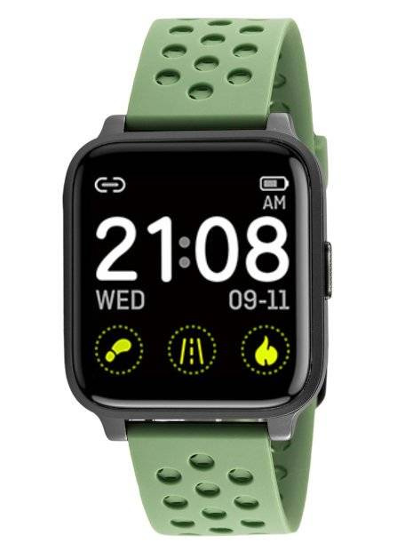 Czarno-zielony smartwatch unisex Rubicon RNCE58 - z przodu na białym tle, zielony perforowany pasek