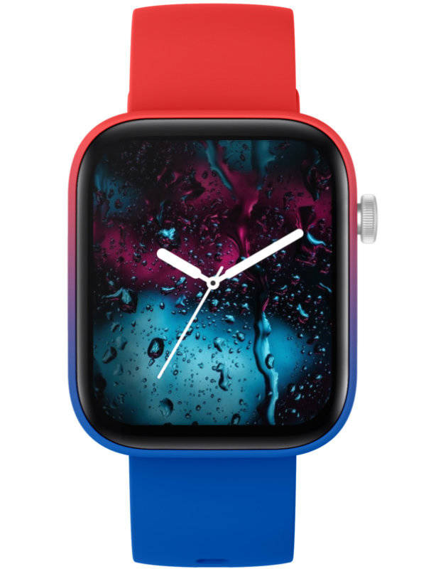 Niebiesko-czerwony smartwatch damski Rubicon RNCE97 - z przodu na białym tle, pasek czerwono-niebieski