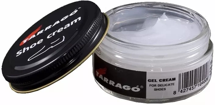 Żel delikatny do skóry lakierowanej Tarrago bezbarwny - otwarty słoik z białym żelem, etykieta Gel Cream for delicate shoes