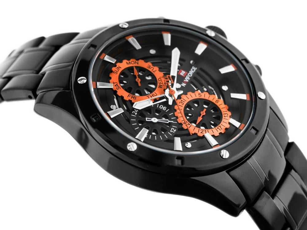 Czarny zegarek męski Naviforce NF9149 - koperta z boku z koronką