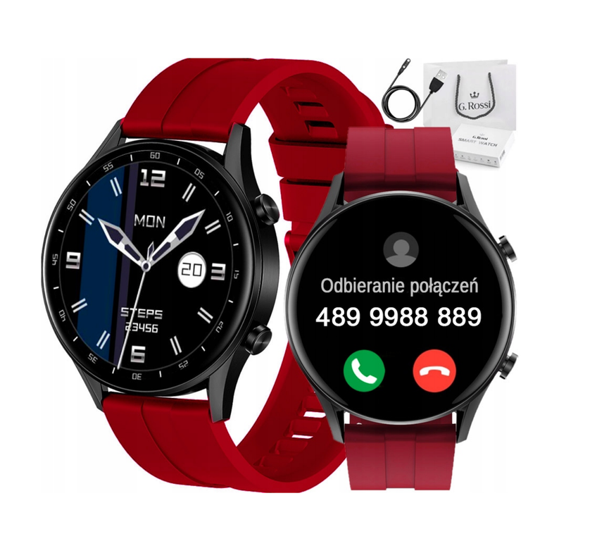 Czarno-czerwony smartwatch męski G. Rossi SW019-3 - smartwatch na czerwonym pasku z ekranem połączenia, ładowarką i pudełkiem
