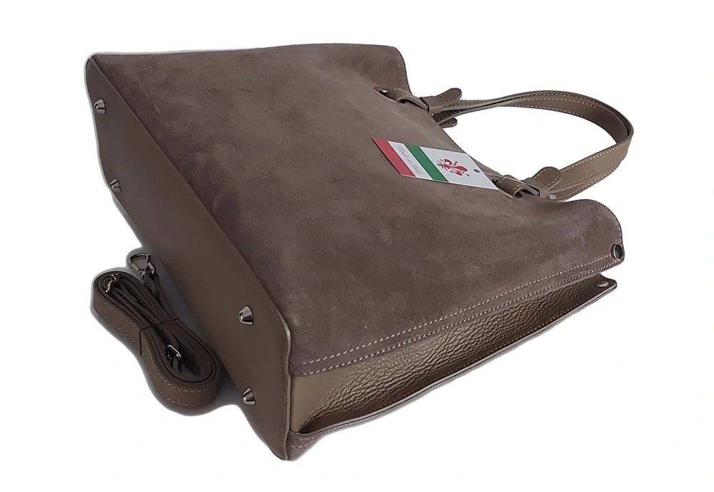 Torebka skórzana zamszowa damska Vera Pelle VOM33T shopper bag A4 beżowa - eleganckie detale i wykończenie