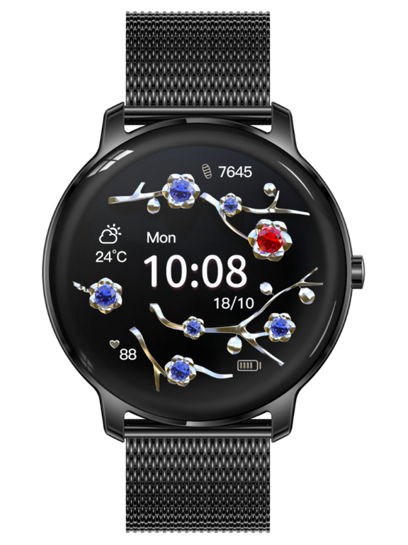 Czarny smartwatch damski Rubicon RNBE66 - z przodu na białym tle, czarna bransoleta siatkowa