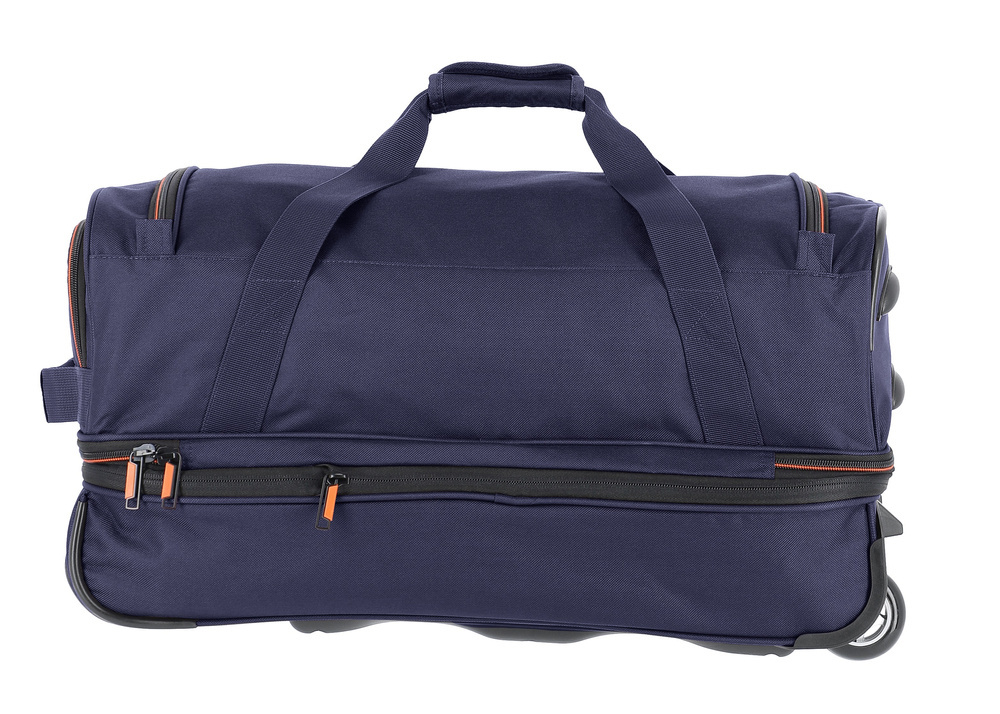 Granatowa torba Travelite Basics od tyłu, z dwiema rączkami i zamkiem błyskawicznym dolnej części
