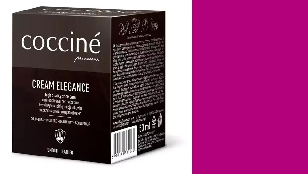 Krem do skóry gładkiej Coccine różowy - kartonik Coccine Cream Elegance 50 ml i próbnik koloru w odcieniu fuksjowym