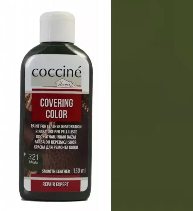 Farba do renowacji do skór gładkich Coccine oliwkowa - butelka Covering Color 150 ml nr 321 khaki i próbnik oliwkowozielony