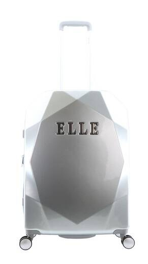 Srebrna walizka ELLE Diamond 68 z przodu, z fasetowaną skorupą i wypukłym napisem ELLE