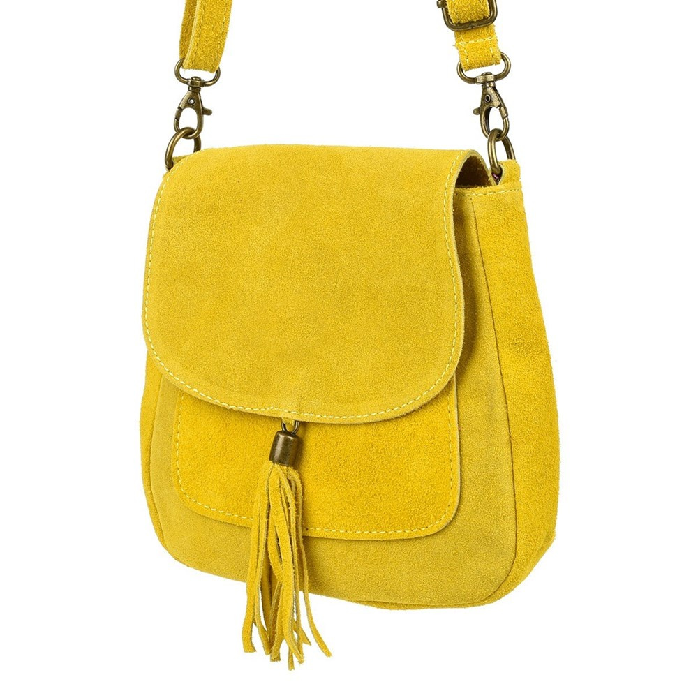 Żółta listonoszka damska Vera Pelle X40 z zamszu, przód z klapą, frędzlem i paskiem na karabińczykach
