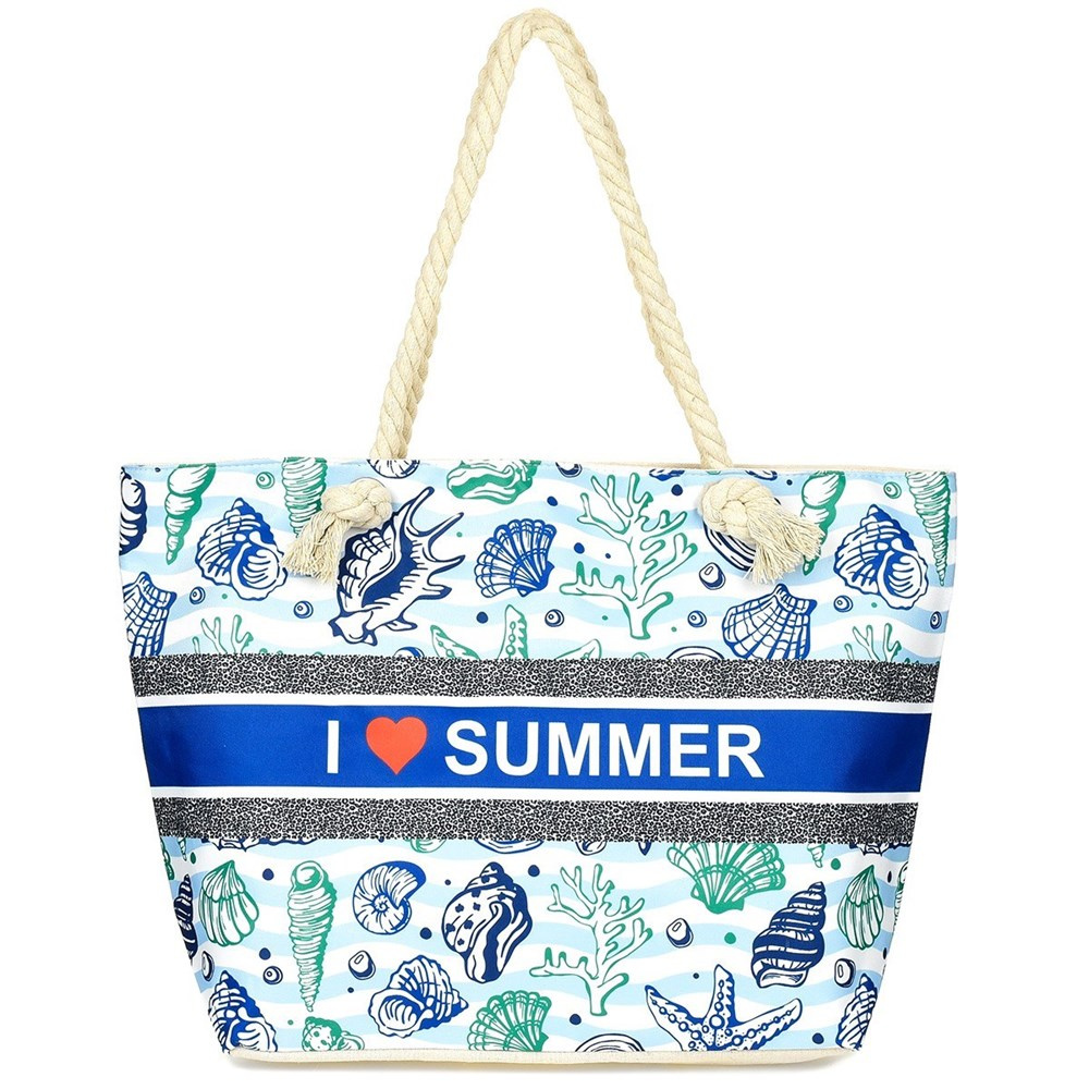 Niebieska torba Versoli TOR727, przód z niebieskimi i zielonymi muszlami, napis I love Summer