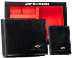 Zestaw prezentowy: elegancki skórzany portfel, etui na karty czarny i brelok - Peterson SET3-N992-VT