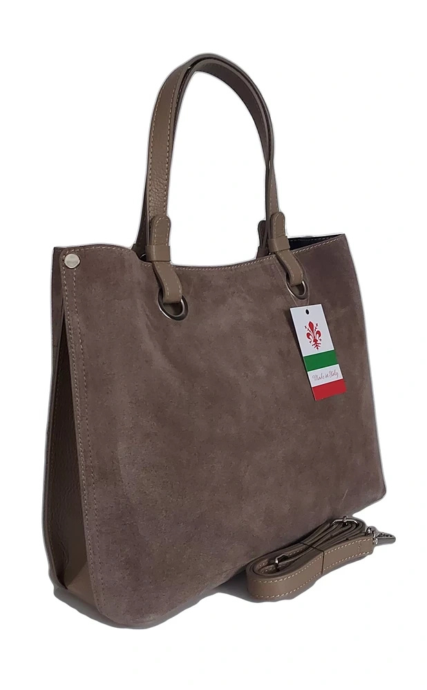 Torebka skórzana zamszowa damska Vera Pelle VOM33T shopper bag A4 beżowa - funkcjonalne wnętrze z przegródkami