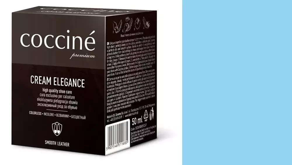 Krem do skóry gładkiej Coccine niebieski - kartonik Coccine Cream Elegance 50 ml i próbnik koloru w odcieniu błękitnym