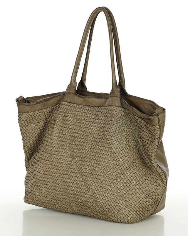 Duża torebka damska beżowa, shopper z plecionej skóry naturalnej MARCO MAZZINI v258b - widok z przodu