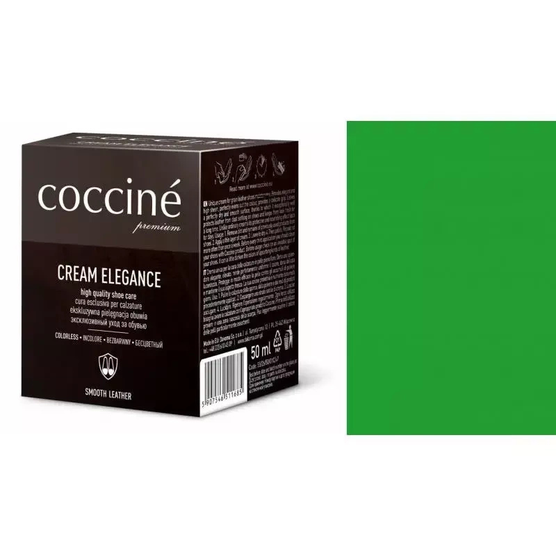 Krem do skóry gładkiej Coccine zielony - kartonik Coccine Cream Elegance 50 ml i próbnik koloru w odcieniu jasnozielonym