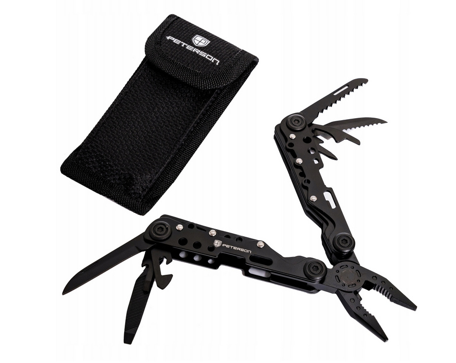 Czarny scyzoryk Peterson SS-2301 z rozłożonymi kombinerkami i etui