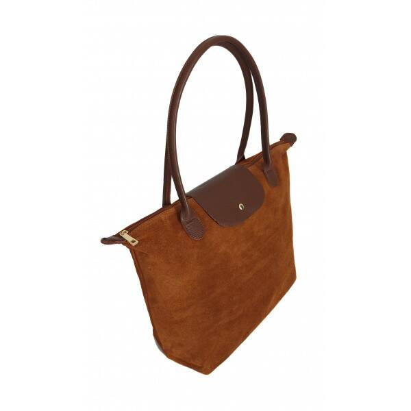 Torebka skórzana zamszowa damska Vera Pelle VKA41CM shopper XL A4 camel z brązem - detal uchwytów i skóry