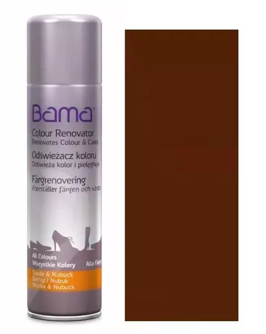 Renowator w sprayu do zamszu i nubuku Bama ciemnobrązowy - puszka spray z przodu i ciemnobrązowy próbnik koloru