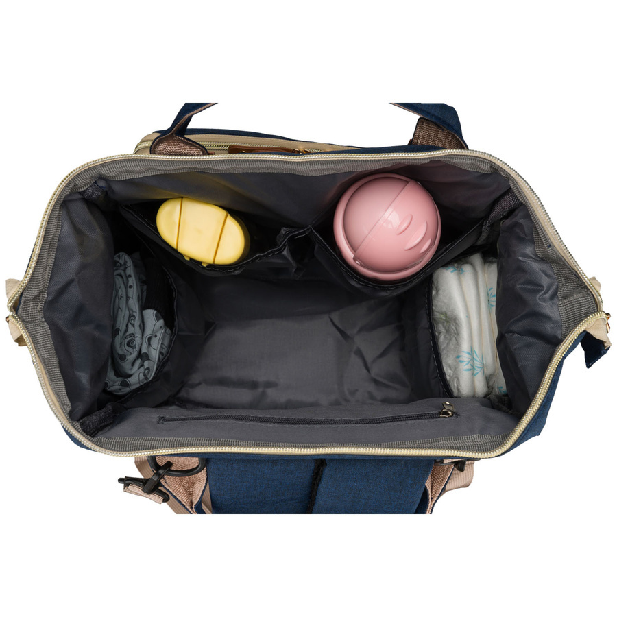 Wnętrze granatowego plecaka dla mamy Peterson JMB-03 z butelkami