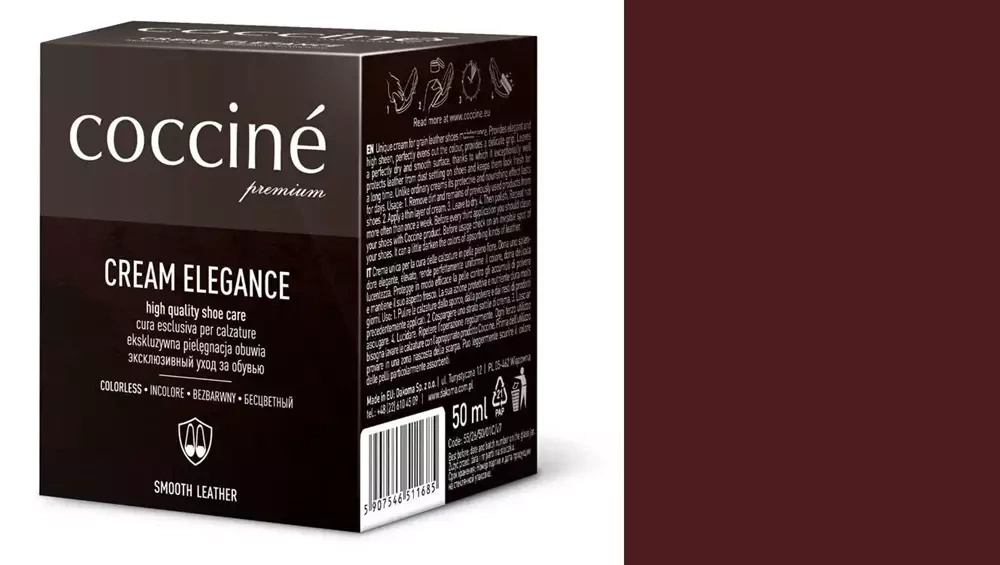 Krem do skóry gładkiej Coccine ciemnobrązowy - kartonik Coccine Cream Elegance 50 ml i próbnik koloru w odcieniu ciemnym
