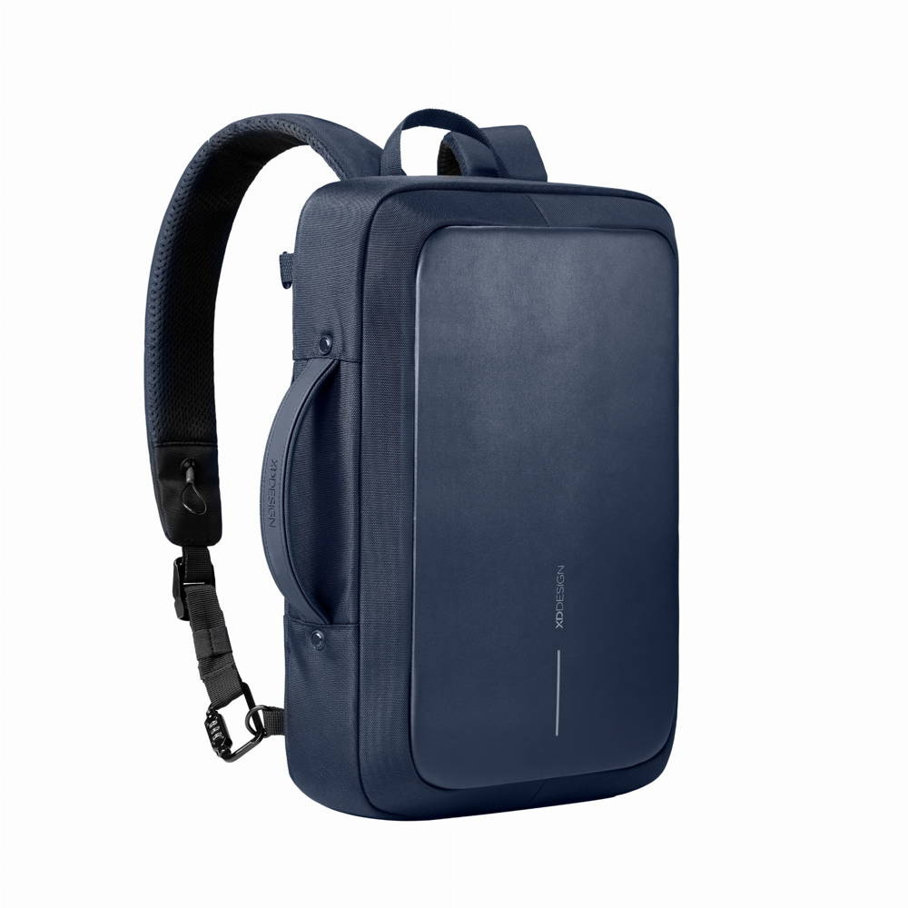 Granatowy plecak XD Design Bobby Bizz 2.0 pod kątem, z rączką na boku i szelkami