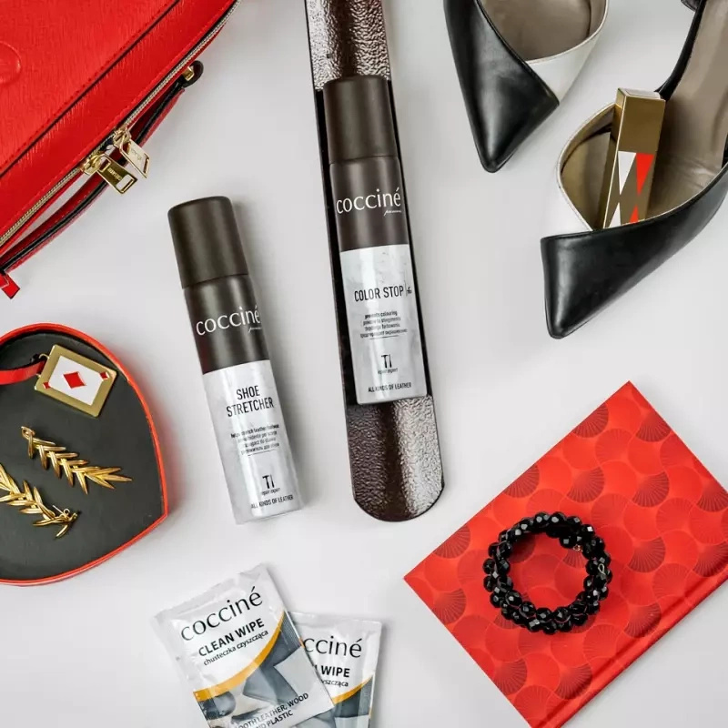 Spray przeciw farbowaniu do butów Coccine - puszka Color Stop w aranżacji z innymi produktami Coccine