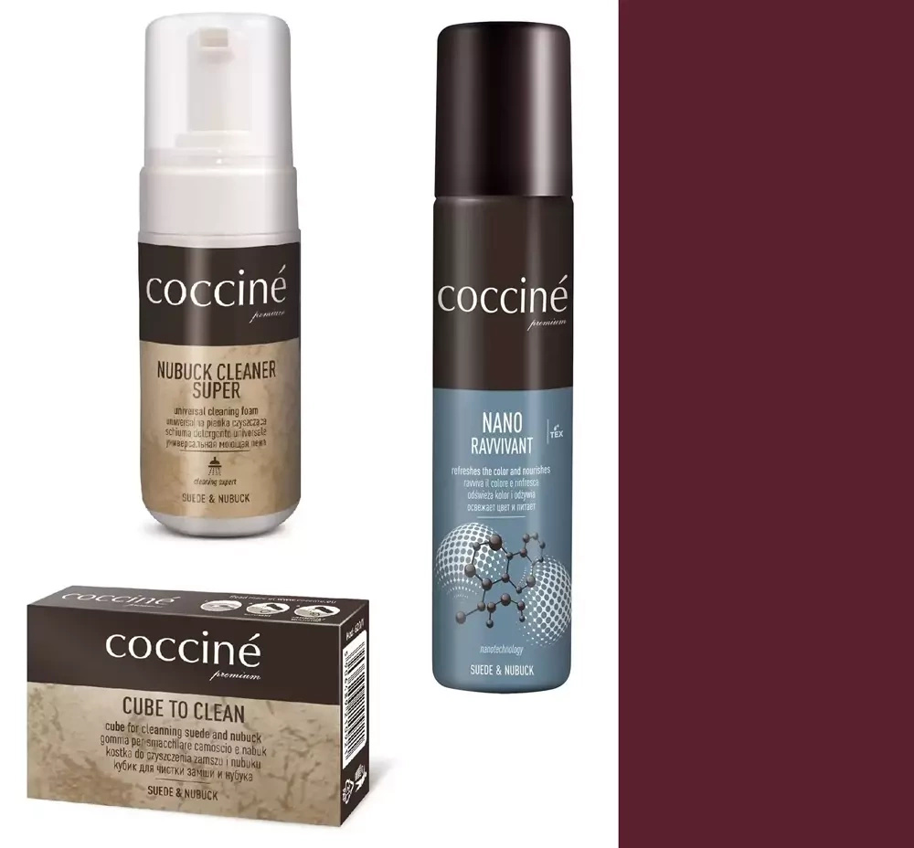 Zestaw do zamszu i nubuku Coccine bordowy - zestaw: pianka Nubuck Cleaner Super, spray Nano Ravvivant