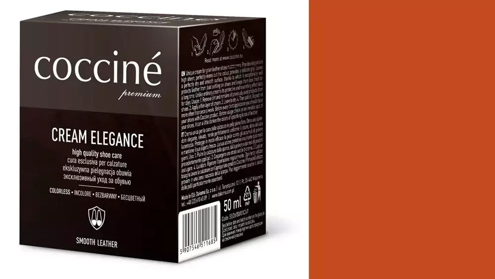 Krem do skóry gładkiej Coccine brązowy - kartonik Coccine Cream Elegance 50 ml i próbnik koloru w odcieniu rdzawobrązowym