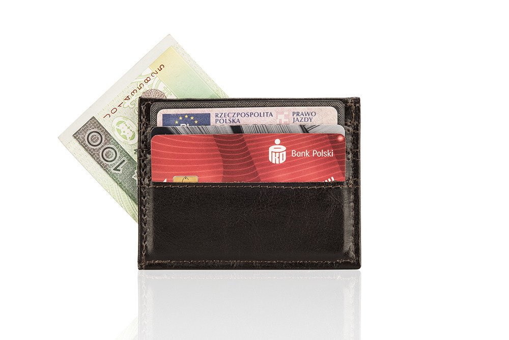 Brązowy portfel męski Solier SA13 ze skóry naturalnej z kartą płatniczą, prawem jazdy i banknotem w kieszeniach