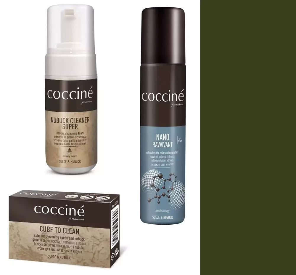 Zestaw do zamszu i nubuku Coccine oliwkowy - zestaw: pianka Nubuck Cleaner Super, spray Nano Ravvivant