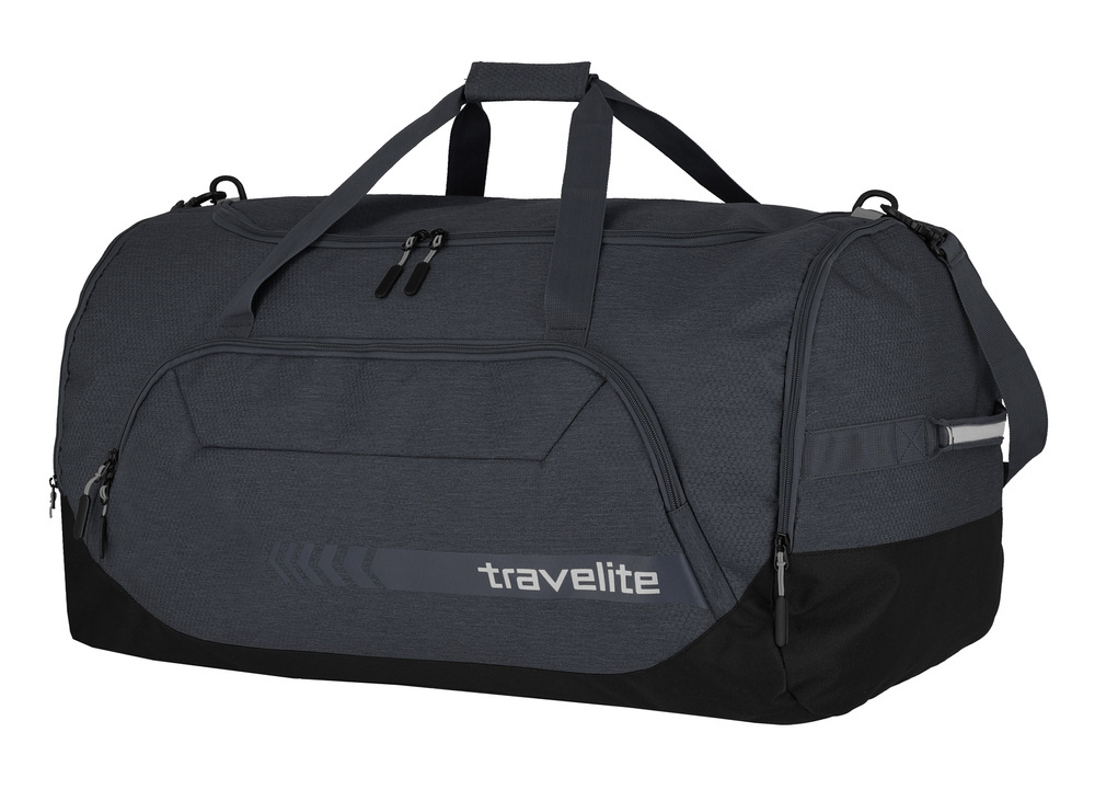 Antracytowa torba Travelite Kick-Off XL pod kątem, z kieszenią z przodu, dwiema rączkami i paskiem na ramię