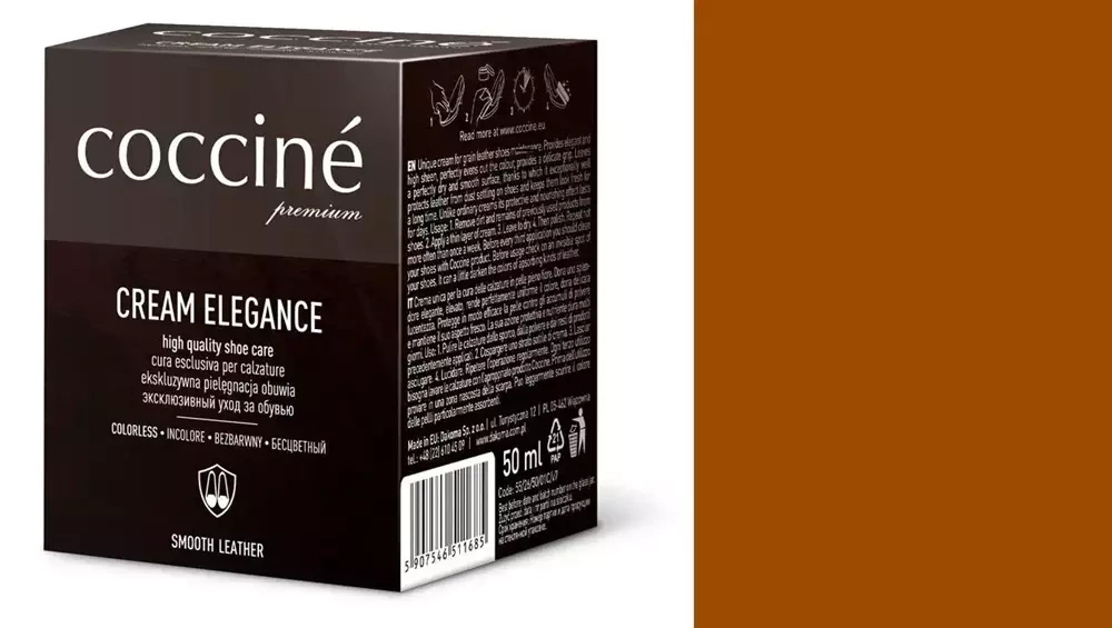 Krem do skóry gładkiej Coccine koniakowy - kartonik Coccine Cream Elegance 50 ml i próbnik koloru w odcieniu koniakowym