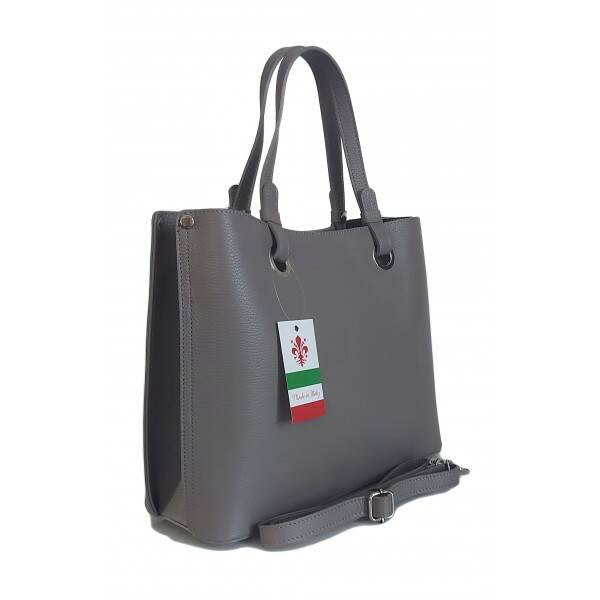 Torebka skórzana damska Vera Pelle VOM65G shopper bag A4 szara - eleganckie detale i uchwyty