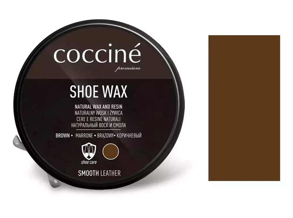 Pasta do skóry gładkiej Coccine brązowa - puszka Shoe Wax w wersji brązowej z brązowym próbnikiem koloru