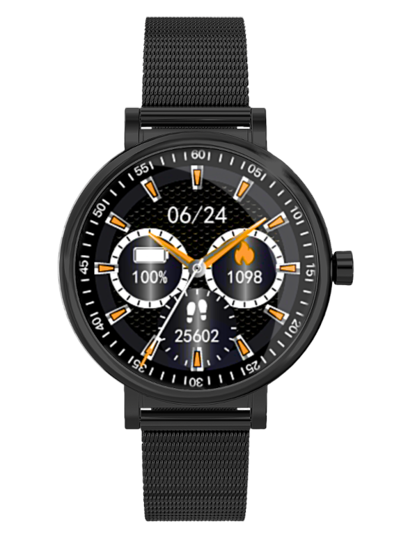 Czarny smartwatch damski Rubicon RNBE64 - z przodu na białym tle, czarna bransoleta siatkowa