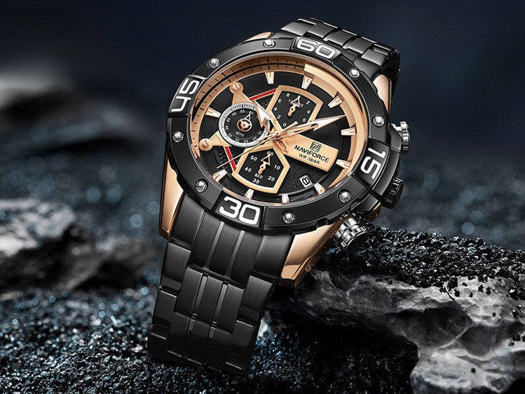 Czarny z różowym złotem zegarek męski Naviforce NF8018 - zegarek na ciemnych kamieniach