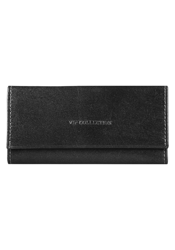 Czarne etui na klucze Vip Collection Milano II 02 z zamkniętą klapą, jasnym przeszyciem i tłoczonym logo marki