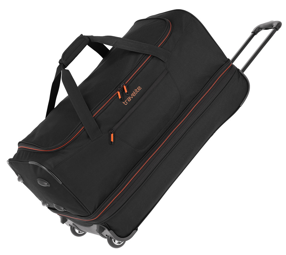 Czarna torba Travelite Basics 98 l na kółkach, z wysuniętym uchwytem teleskopowym i pomarańczowymi suwakami